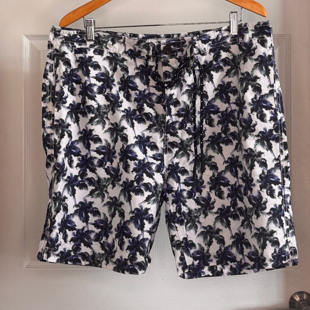 Surfside Supply Blue & White Palm Tree Print Swim Shorts w/ 9" Inseam